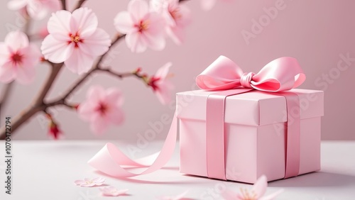 Pink gift box with pink bow on light background. Blurred branch of blooming sakura in the background. Copyspace. Valentines day concept