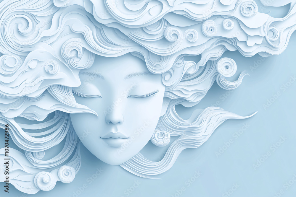 Minimalist paper art of a serene female face with flowing textured hair in soft white tones on blue background
Minimalist paper art of a serene female face with flowing textured hair in soft white tones on blue background