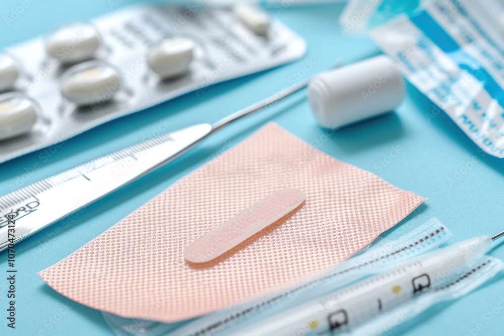 Medical supplies for first aid and emergency care on a blue surface Medical supplies for first aid and emergency care on a blue surface