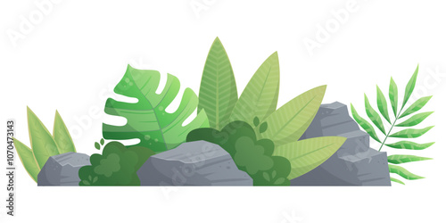 Long Beach Landscape horizontal with stone and tropical plant monstera, fern, succulents isolated on white background. cartoon tropical forest palms icon for game design, templates, prints