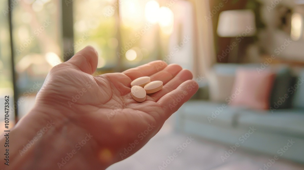 Hand holding pills with bright home background for wellness and healthcare concepts Hand holding pills with bright home background for wellness and healthcare concepts