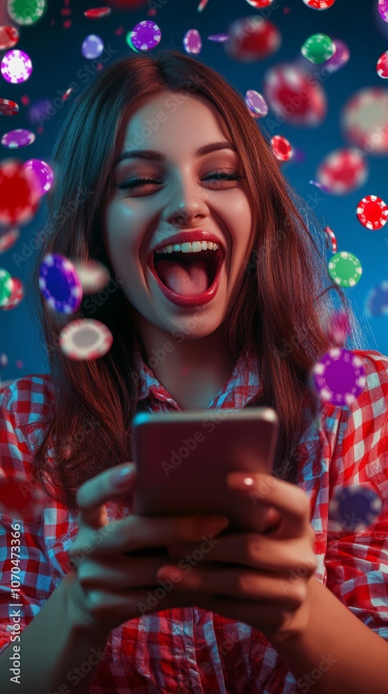 Ecstatic woman celebrates big win on mobile casino app, surrounded by colorful falling poker chips in vibrant neon lighting, capturing pure joy and excitement. Ecstatic woman celebrates big win on mobile casino app, surrounded by colorful falling poker chips in vibrant neon lighting, capturing pure joy and excitement.