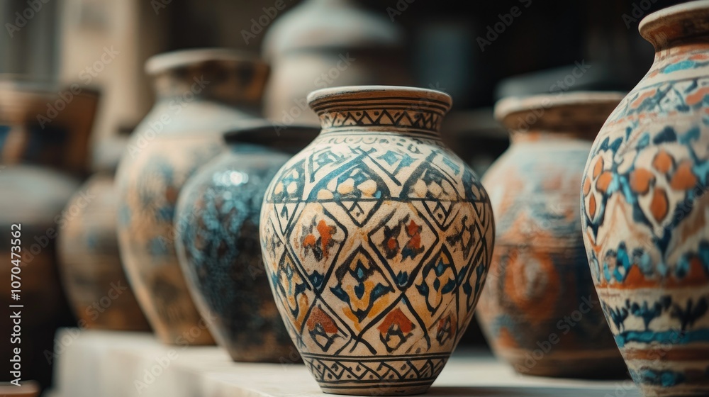 Ancient pottery with traditional Emirati patterns in Dubai. Copy space Ancient pottery with traditional Emirati patterns in Dubai. Copy space