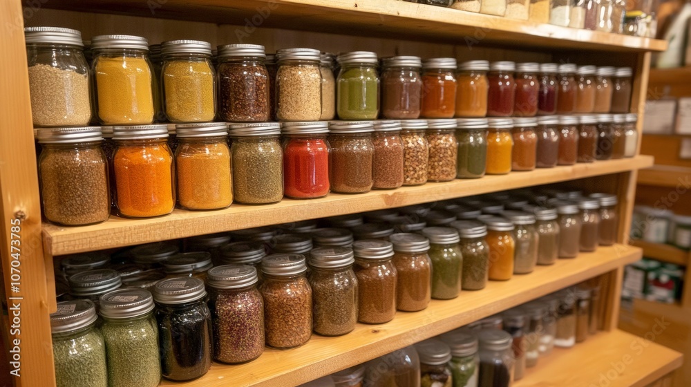 Colorful spice rack arrangement, neatly labeled jars filled with vibrant spices and herbs, inviting culinary exploration and creativity in the kitchen Colorful spice rack arrangement, neatly labeled jars filled with vibrant spices and herbs, inviting culinary exploration and creativity in the kitchen