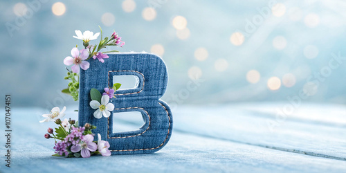 A creative and stylish letter B made from denim fabric, adorned with delicate flowers, set against a subtle background photo