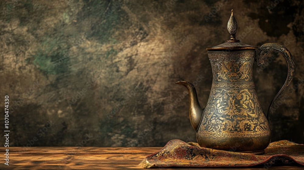 Antique coffee pot with Arabic engravings. Copy space Antique coffee pot with Arabic engravings. Copy space