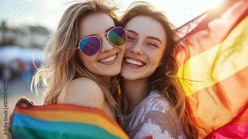 Two joyful friends embrace at a vibrant pride event, their smiles radiant as sunlight catches rainbow flags waving behind them, embodying love and acceptance. photo