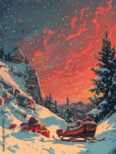Santa Sleigh with Presents Under Snowy Sky at Dusk