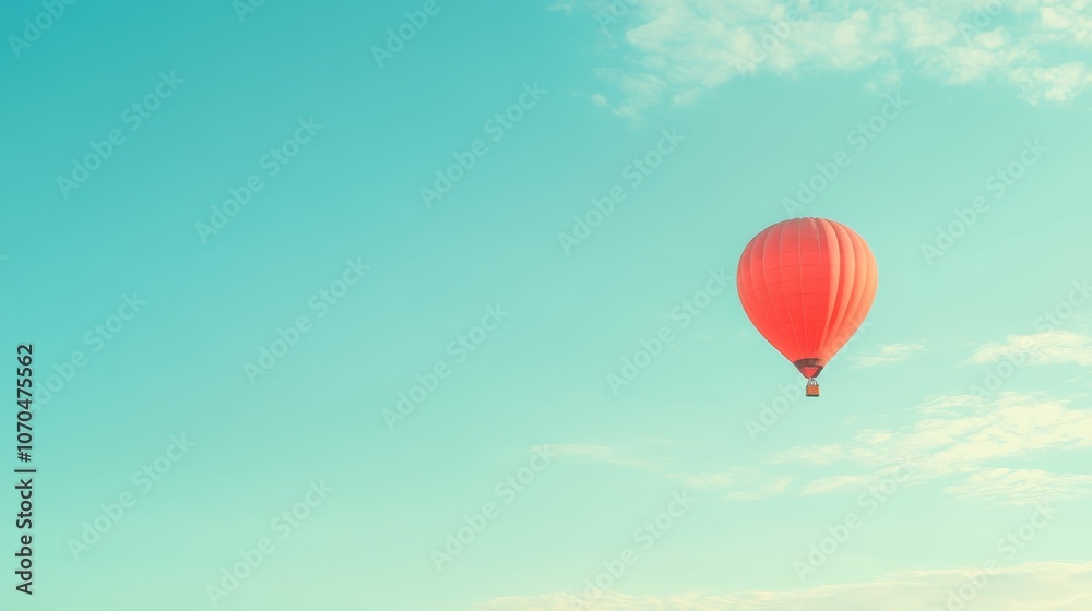 A single red hot air balloon floats in a clear blue sky with white clouds,  the perfect image of freedom and adventure.