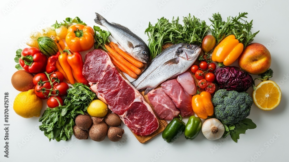 Healthy balanced diet concept with nutritious vegetables, fruits, fish, and meat arranged in a heart shape on a white background. Photorealistic representation of wholesome and balanced nutrition. Healthy balanced diet concept with nutritious vegetables, fruits, fish, and meat arranged in a heart shape on a white background. Photorealistic representation of wholesome and balanced nutrition.
