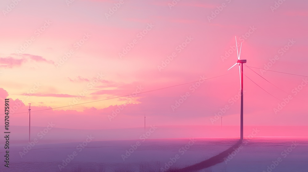 Obraz premium A single wind turbine stands tall against a vibrant pink sunset sky with a hazy field in the foreground.