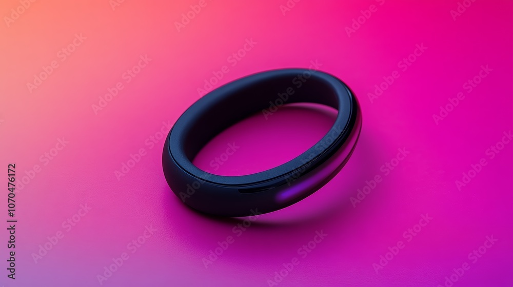 A sleek, black smart ring with a purple light strip on a colorful background. A sleek, black smart ring with a purple light strip on a colorful background.