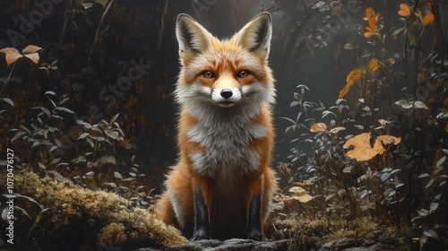 A red fox sits in the woods, looking directly at the camera. The fox is in a clearing in the woods and is surrounded by leaves and green plants.