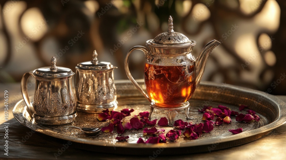 Arabian tea served with dried rose petals in fine china. Copy space Arabian tea served with dried rose petals in fine china. Copy space