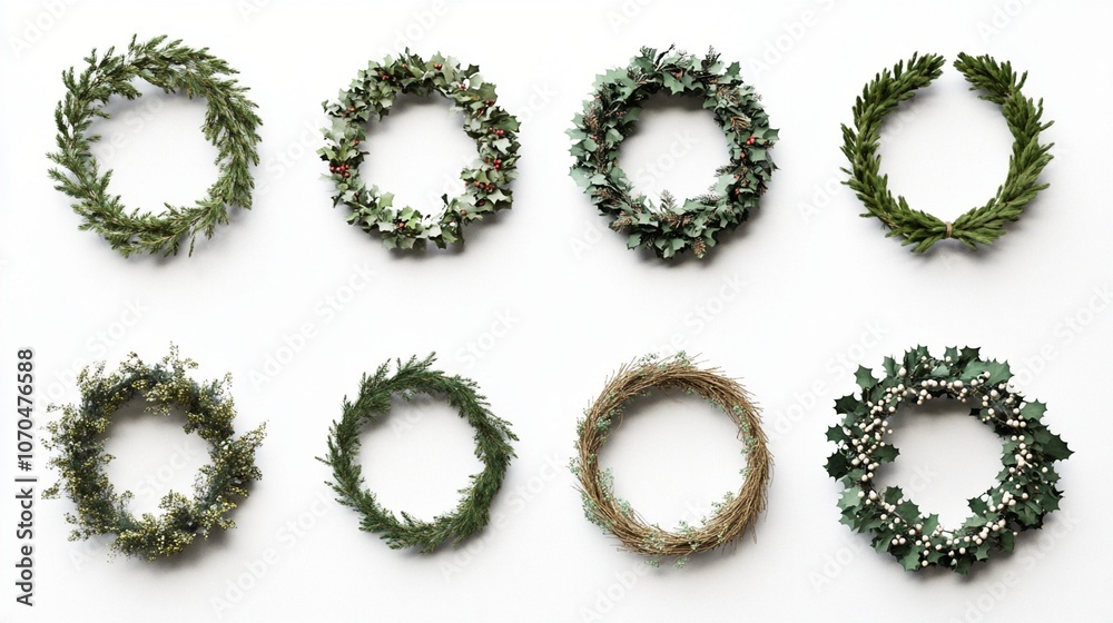 Festive array of eight diverse holiday wreaths featuring various greenery, berries, and natural materials on a clean white background, perfect for seasonal decor. Festive array of eight diverse holiday wreaths featuring various greenery, berries, and natural materials on a clean white background, perfect for seasonal decor.