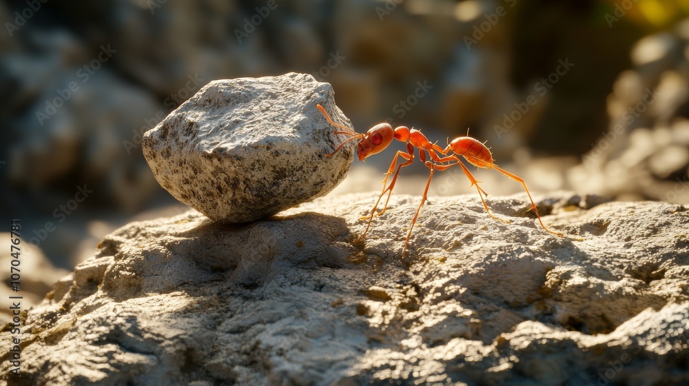 Red ant pushing heavy rock uphill during golden hour sunlight Red ant pushing heavy rock uphill during golden hour sunlight
