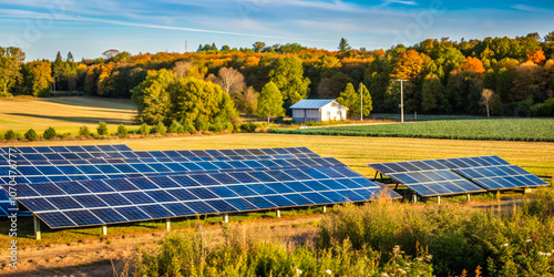 Solar panels in a field at Bloomfield, Ontario, Canada, capturing sunlight to generate renewable energy, showcasing the integration of clean energy solutions in agriculture.