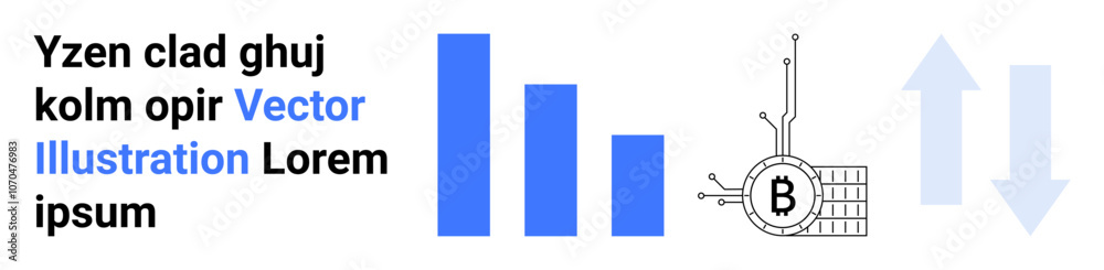 Blue bar chart with Bitcoin symbol integrating circuit connections, accompanied by upward and downward arrows. Ideal for finance, cryptocurrency, data analysis, tech presentations, infographics Blue bar chart with Bitcoin symbol integrating circuit connections, accompanied by upward and downward arrows. Ideal for finance, cryptocurrency, data analysis, tech presentations, infographics