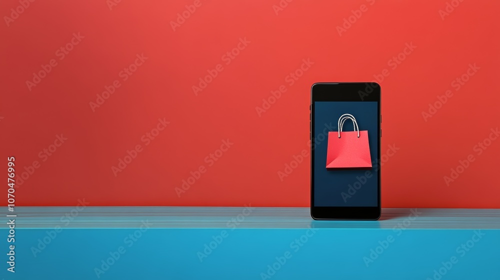 A smartphone with a shopping bag icon displayed on the screen sits on a blue surface against a red background. A smartphone with a shopping bag icon displayed on the screen sits on a blue surface against a red background.
