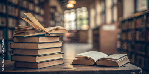 Stacks of books atop a table against a library's blurred background, representing a wealth of knowledge and academic resources in a scholarly environment. photo