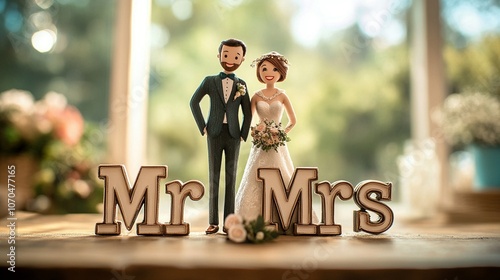 Newlyweds stand behind wooden 'Mr & Mrs' sign, bride holding bouquet, groom in tuxedo. Blurred background with soft bokeh lights creates romantic atmosphere. photo