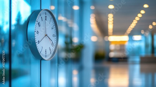 A wall clock in an office interior background.