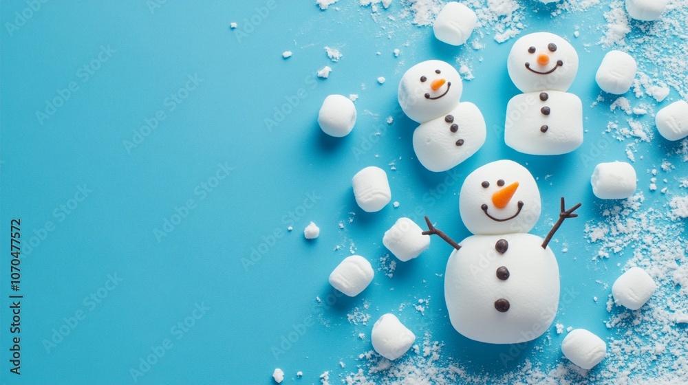 Playful marshmallow snowmen on vibrant blue background with scattered sugar snow, creating a whimsical winter scene perfect for festive holiday treats. Playful marshmallow snowmen on vibrant blue background with scattered sugar snow, creating a whimsical winter scene perfect for festive holiday treats.