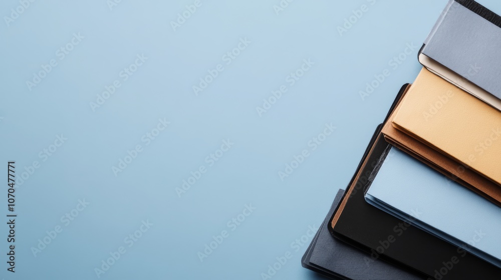A stack of different colored notebooks on a blue background. A stack of different colored notebooks on a blue background.