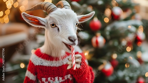 49. A playful goat with a holiday sweater, happily munching on a candy cane beside a decorated tree photo