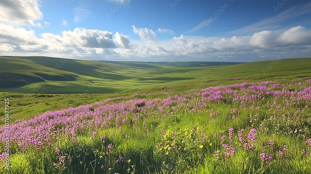 Obraz premium A breathtaking image of the Irish countryside in spring, with vibrant green rolling hills dotted with wildflowers under a bright blue sky, capturing the fresh, lively atmosphere of the season.