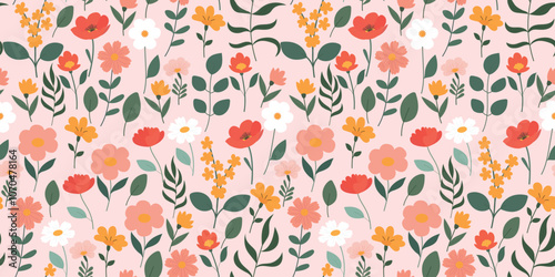 Vintage seamless floral pattern. Small flowers scattered over light pink background. Realistic flowers. Vector illustration
