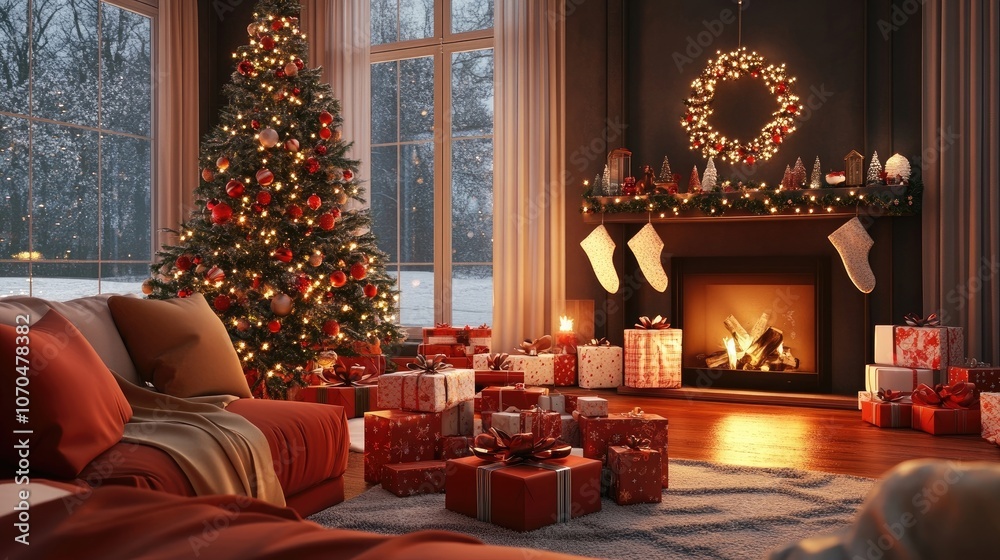 Friends gather in a cozy living room, embodying the holiday spirit with a stylish Christmas tree and surrounded by wrapped presents, creating joyful memories and warm moments. Friends gather in a cozy living room, embodying the holiday spirit with a stylish Christmas tree and surrounded by wrapped presents, creating joyful memories and warm moments.