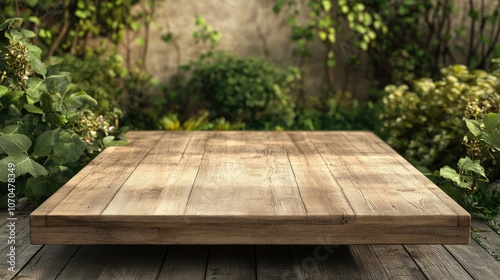 Empty wooden table top with blurred background, perfect for product display mockup in a serene vine courtyard setting. This wooden table top creates an ideal atmosphere for capturing attention.