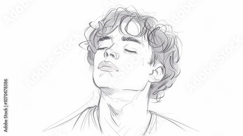 A young man with stylish curly hair enjoys a moment of peace, eyes softly closed in an artistic representation that evokes calmness and introspection