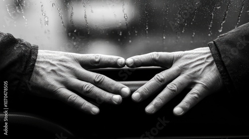 Two hands reaching out to each other against a rainy window, symbolizing connection.