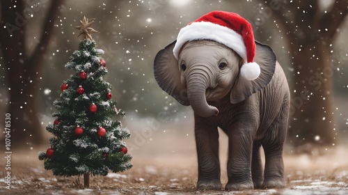 57. A cheerful baby elephant wearing a Santa hat, standing beside a mini Christmas tree