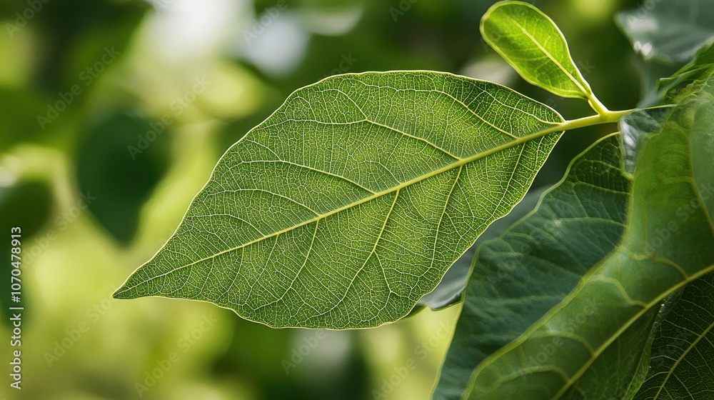 Close-up of a green leaf with visible veins, with a blurred background of other leaves.