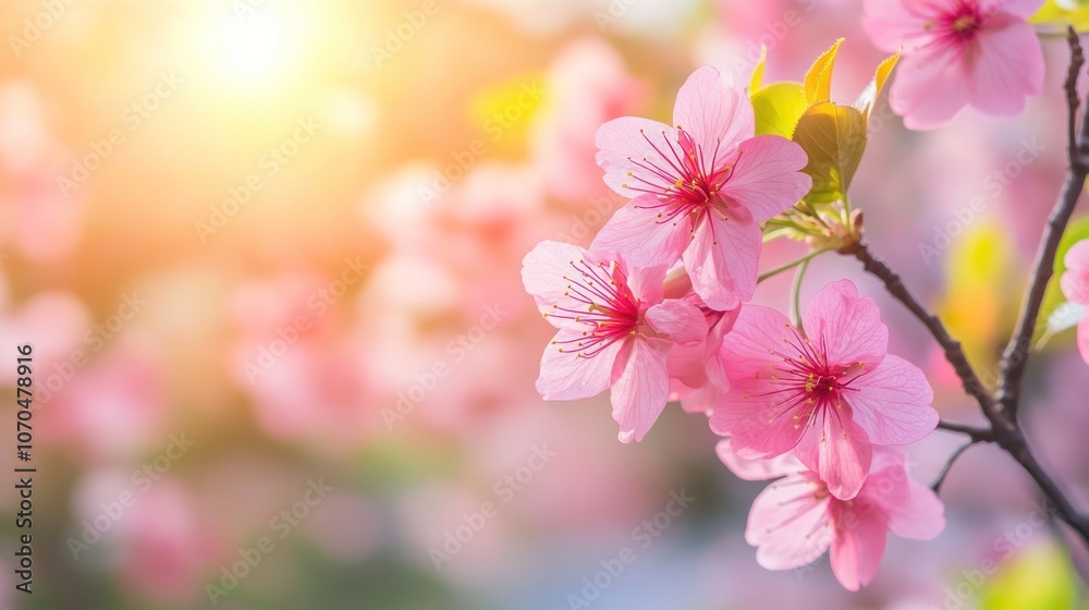 A close-up of delicate pink cherry blossoms illuminated by soft sunlight. A close-up of delicate pink cherry blossoms illuminated by soft sunlight.