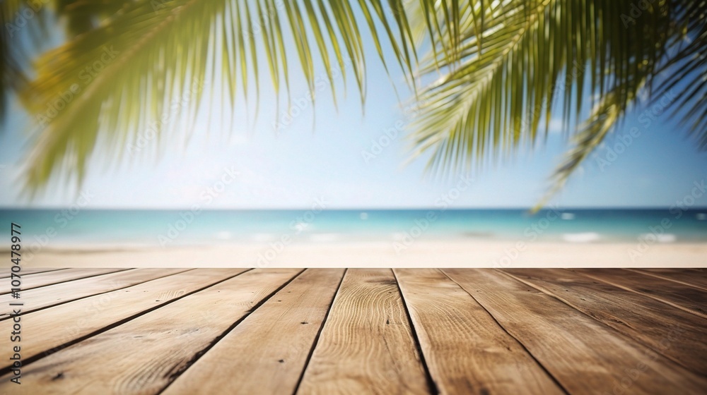Serene Beach View with Palm Leaves and Wooden Deck