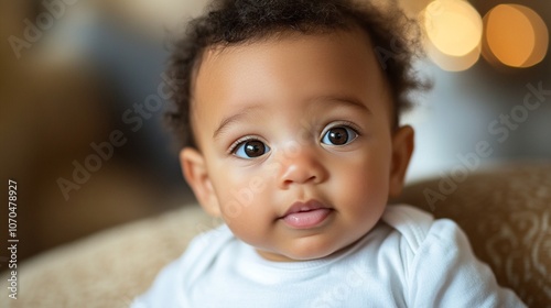 Adorable baby with curly hair and bright eyes gazes curiously at camera, wearing white onesie. Soft bokeh background creates warm, cozy atmosphere.