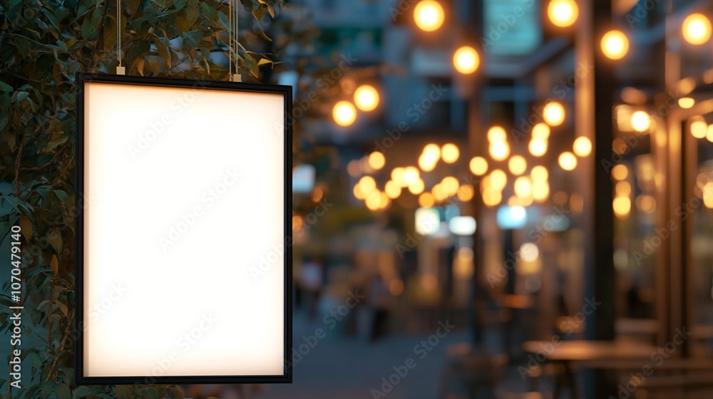 Illuminated blank billboard in bustling evening street, surrounded by glowing string lights and urban ambiance, perfect for advertising mockup. Illuminated blank billboard in bustling evening street, surrounded by glowing string lights and urban ambiance, perfect for advertising mockup.