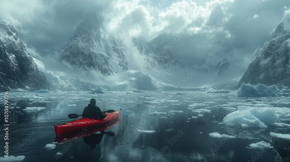 Fototapeta premium Kayaker exploring icy waters of antarctica with dramatic snowy mountains