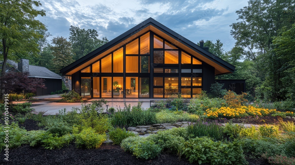 Modern Home Surrounded by Lush Greenery at Dusk Modern Home Surrounded by Lush Greenery at Dusk