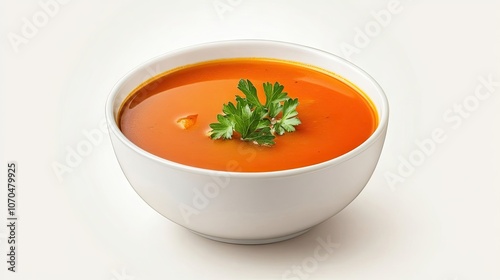 Homemade vegetable soup garnished with fresh parsley sprigs, capturing the essence of wholesome cooking. Ideal for food lovers and perfect for a cozy meal, with ample space for text.