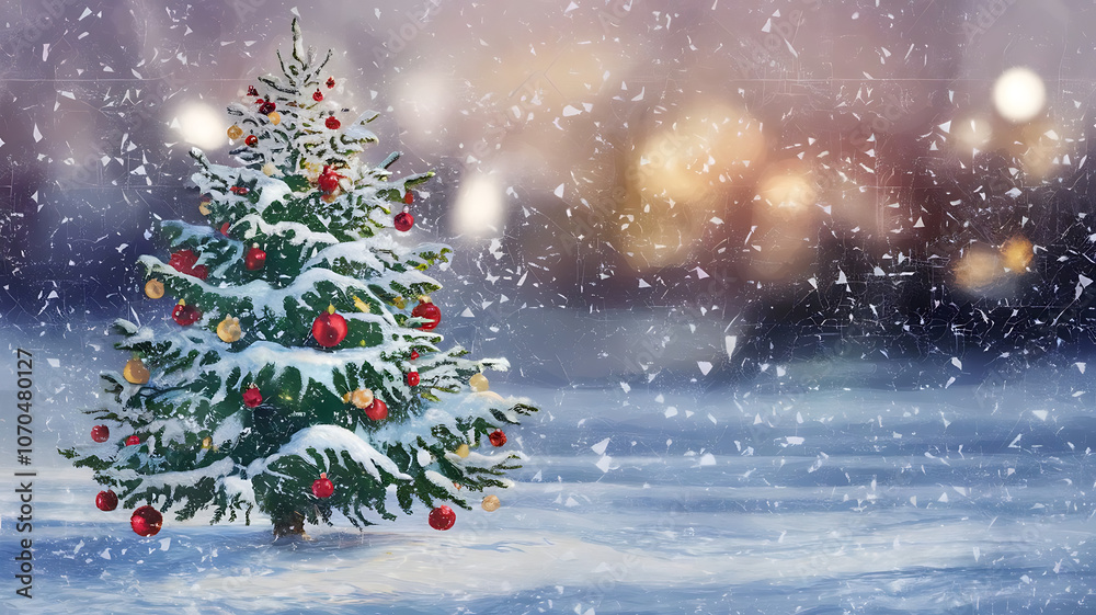 Christmas tree with snow outside house, snowfall,Christmas tree copy space background Christmas tree with snow outside house, snowfall,Christmas tree copy space background