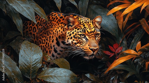 A leopard with a fierce expression peeks out from behind lush green foliage.