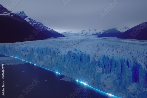 A vast expanse of ice glows blue under a dim sky, surrounded by majestic mountains, showcasing the beauty of a glacier landscape. photo