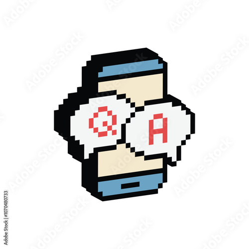 isometric qa q a icon with smartphone 8 bit, pixel art faq sign ask answer icon icon for game logo.