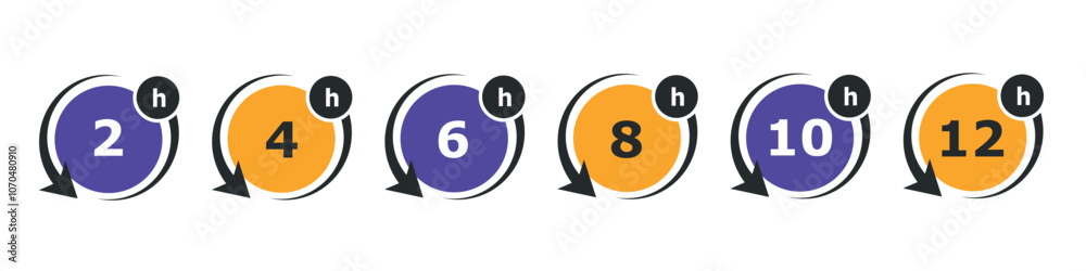 2, 4, 6, 8, 10, and 12 hours icon. Service hours, delivery time and business clock. 2, 4, 6, 8, 10, and 12 hours icon. Service hours, delivery time and business clock.
