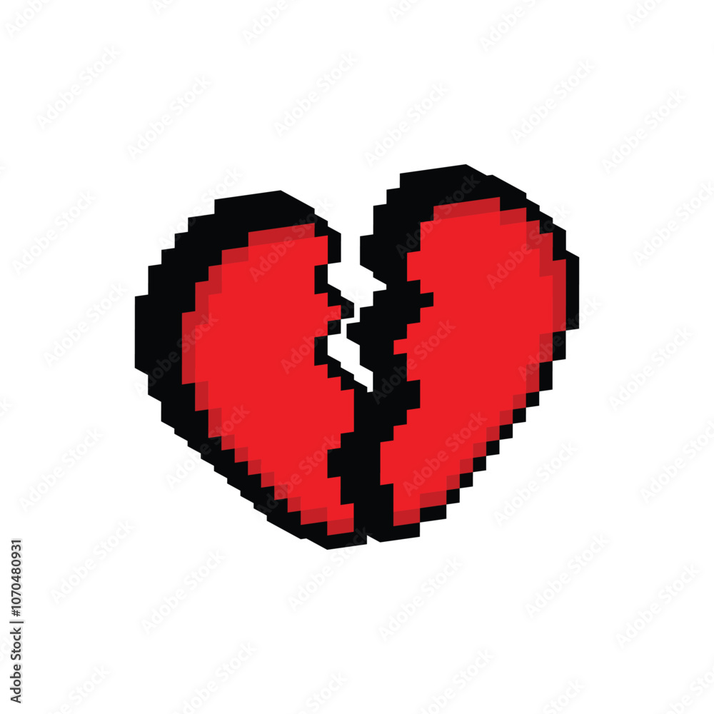Fototapeta premium isometric pixel broken heart icon. Vector pixel art separated heart 8 bit game logo for company